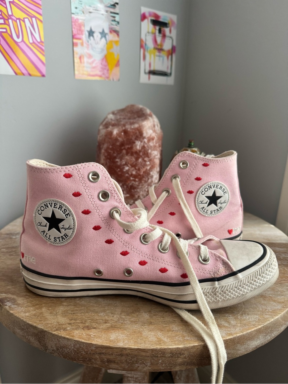 Converse Pink High Top Sneakers with Red Lip Print
